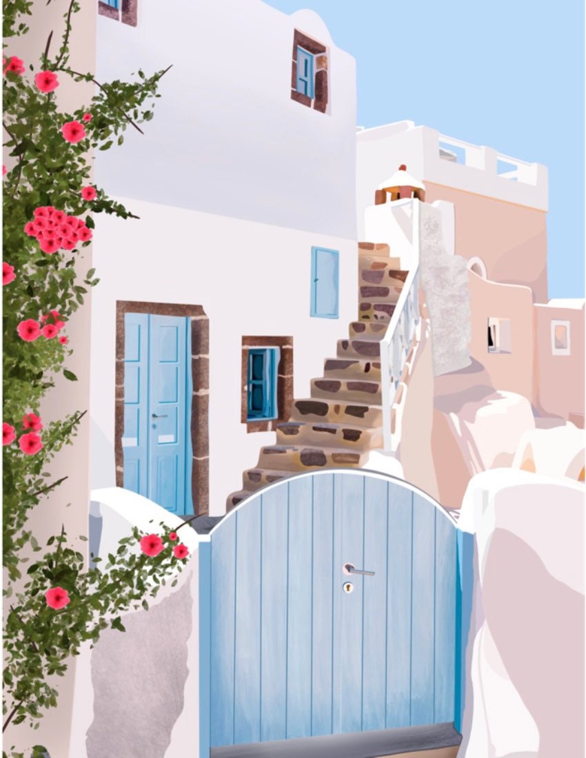 greece greeting card - a tranquil cityscape with calming shades of blue and neutral tones of beige, taupe, grey, and white with some vibrant green vines and leaves with fuchsia flowers.
