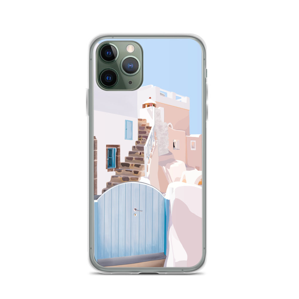 Beautiful cityscape drawing of Greece - aesthetic and calming shades of white, blue, and neutrals/ beige with vibrant green leaves/vines and bright pink/fascia flowers.