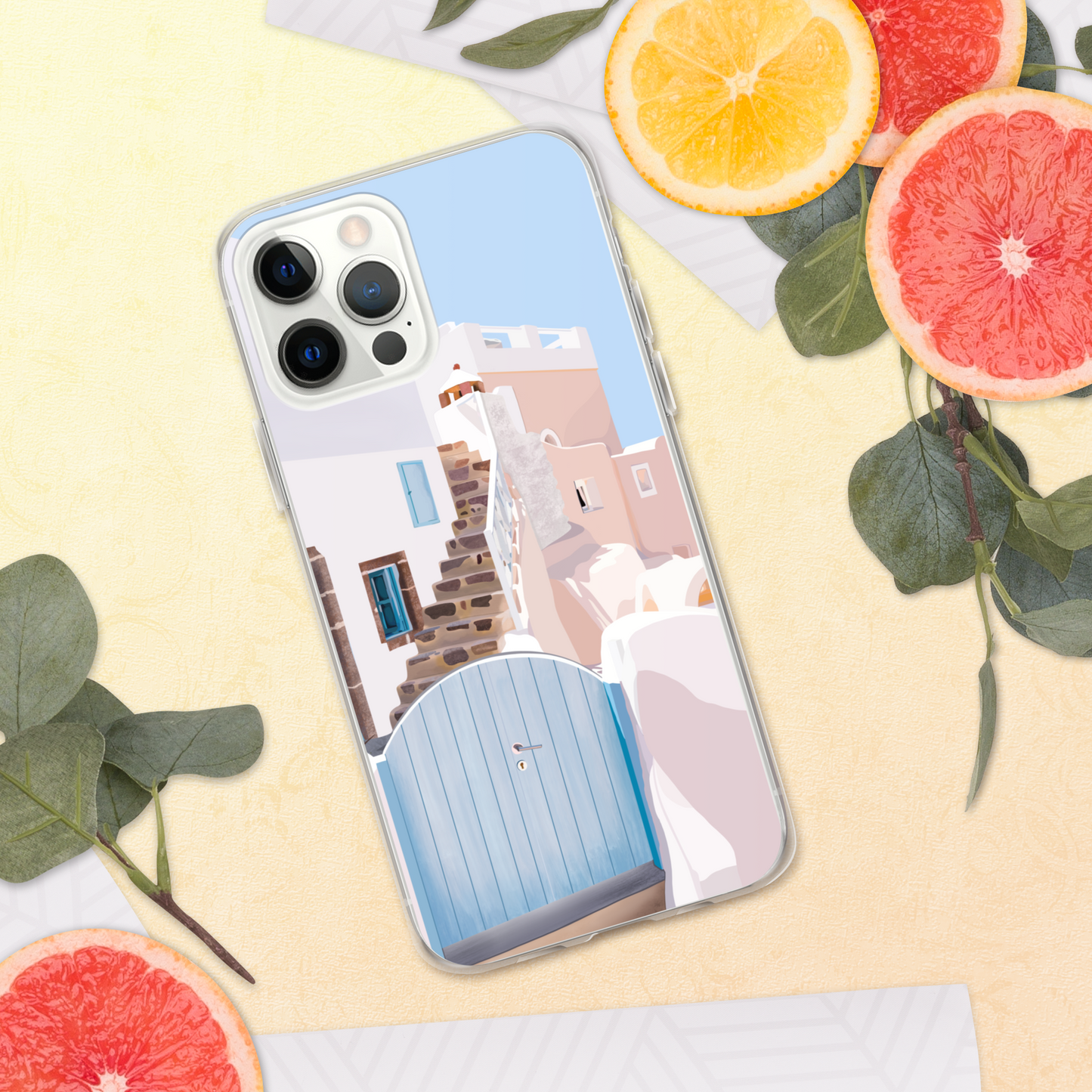 Beautiful cityscape drawing of Greece - aesthetic and calming shades of white, blue, and neutrals/ beige with vibrant green leaves/vines and bright pink/fascia flowers.
