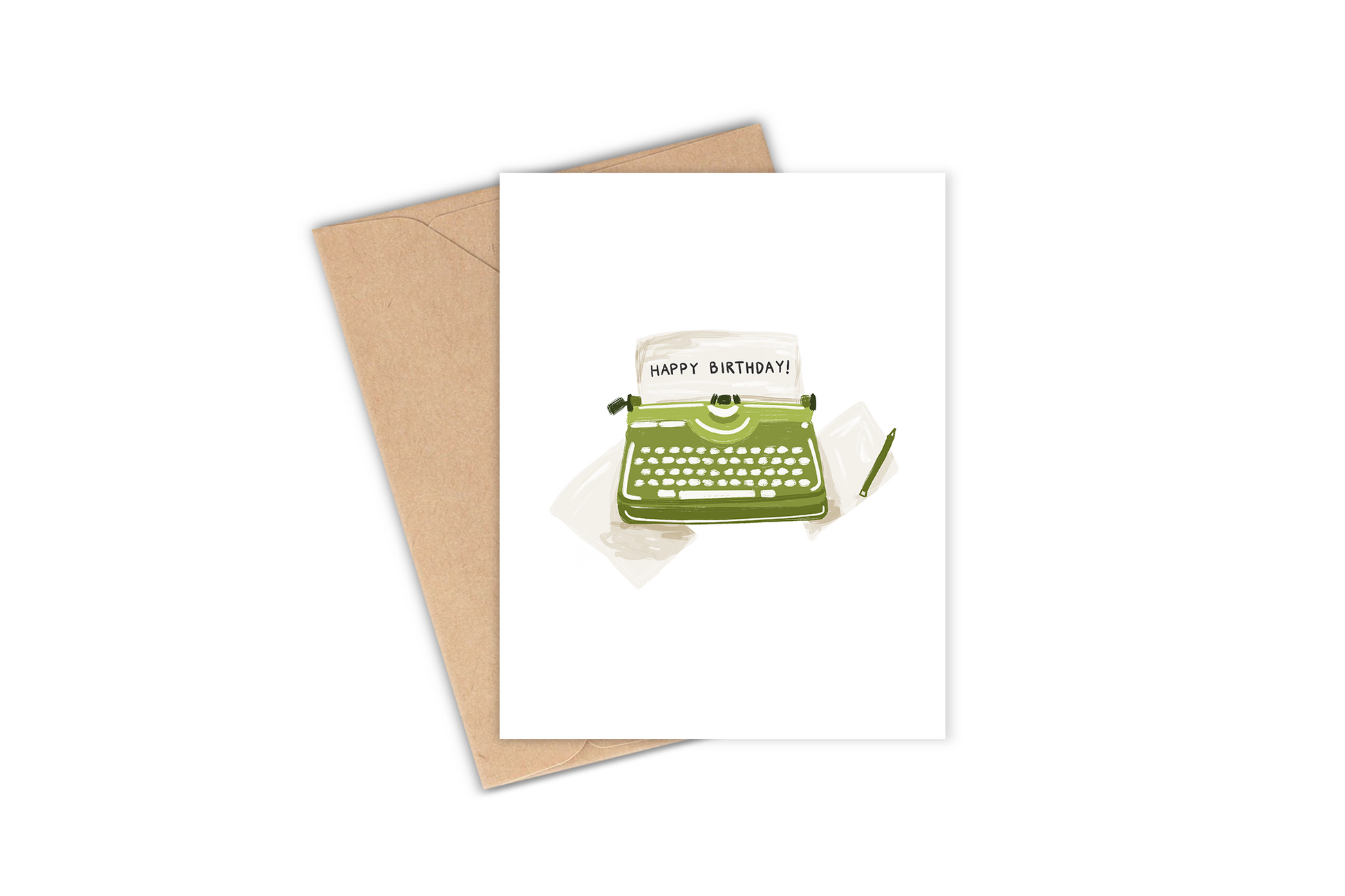 This greeting card features a drawing of a vintage looking typewriter with the phrase "Happy Birthday". Perfect for your friend who loves to write, read, or just loves retro things!
