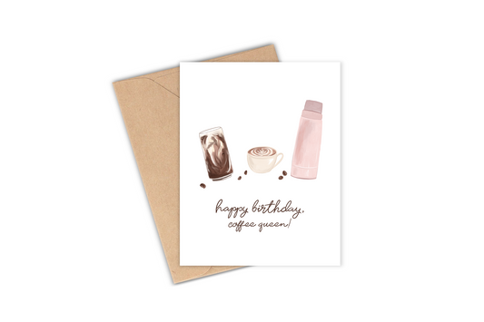 You know that one friend who HAS to start her day with a limitless cup of coffee? Well, this greeting card was made for her! It features a drawing of an ice coffee, latte, and a thermos of coffee with the phrase "Happy birthday, coffee queen!". I highly recommend pairing it with a mug of coffee (or 5).  hand drawn in gauche style painting