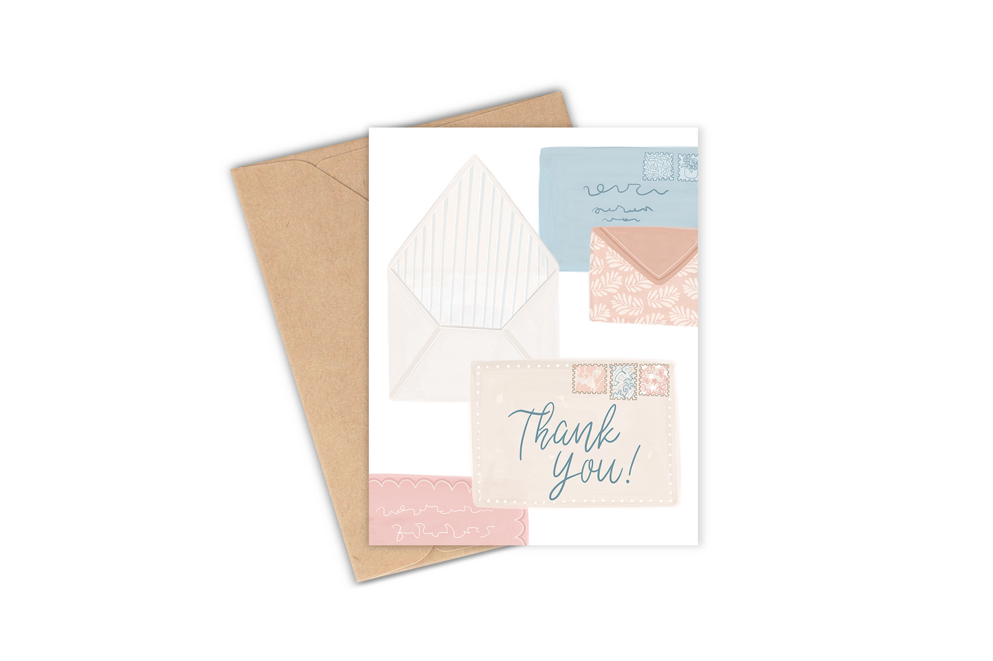 Need to express your gratitude in the most beautiful way? This hand-illustrated thank you stationary card has you covered! It features a lovely drawing of a collection of stationary and envelopes and says "Thank you!". It's perfect for any occasion and would make excellent great post-wedding thank you cards!