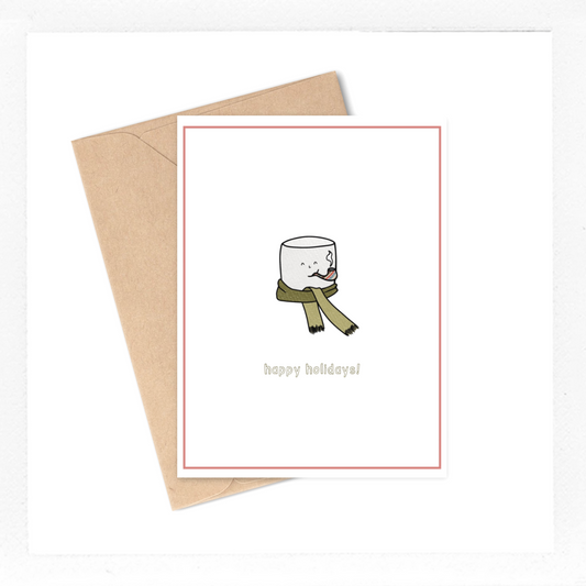 This greeting card has the cutest drawing of a little marshmallow man and says "Happy holidays!" It makes the perfect Christmas card or Hanukkah card. 
