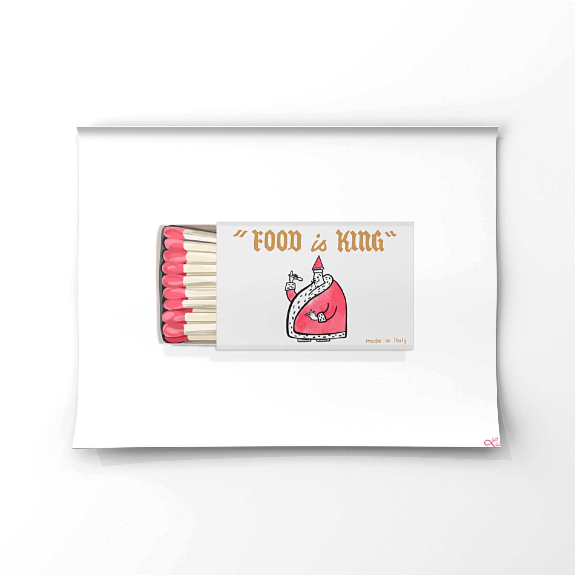 Food is king... and we tend to agree!  This is a watercolor style illustration of the Brown Palace Hotel Matchbook that says food is king. A drawing of a white matchbook with pink little match heads sticking out of the box - in the bottom right corner of the matchbox it says "Made in Italy". We hope you enjoy your new artwork!