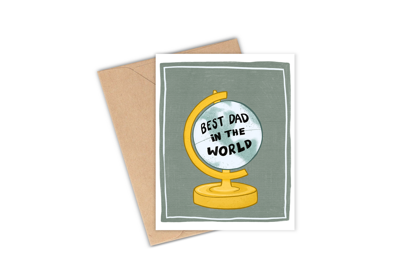 This card is perfect for the dad or father figure is the best in the world or who loves to travel! Details: Hand-illustrated drawing of a globe with the phrase "Best dad in the world" with a teal background.