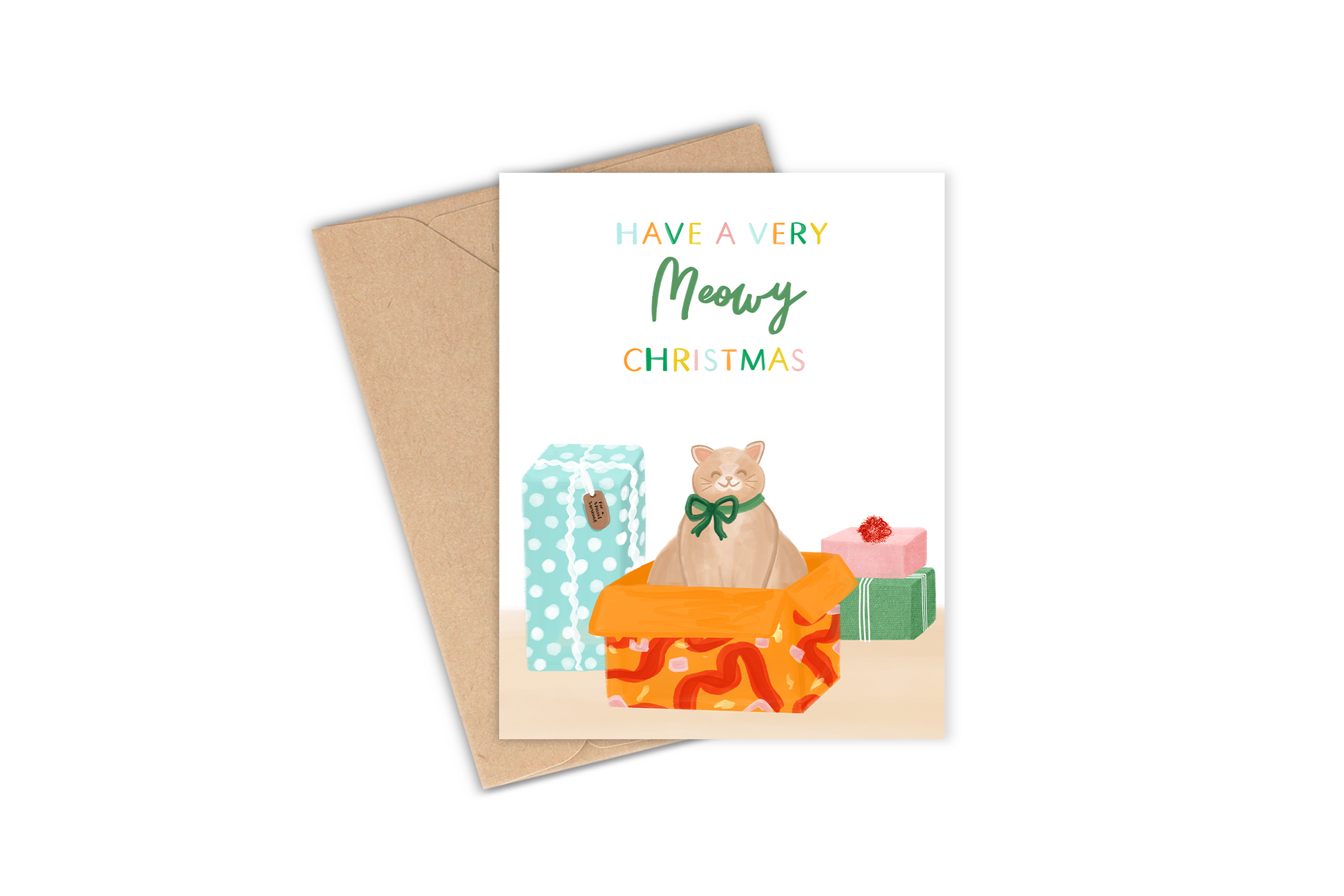 Christmas cat lover gift greeting card, colorful, bright, cheerful