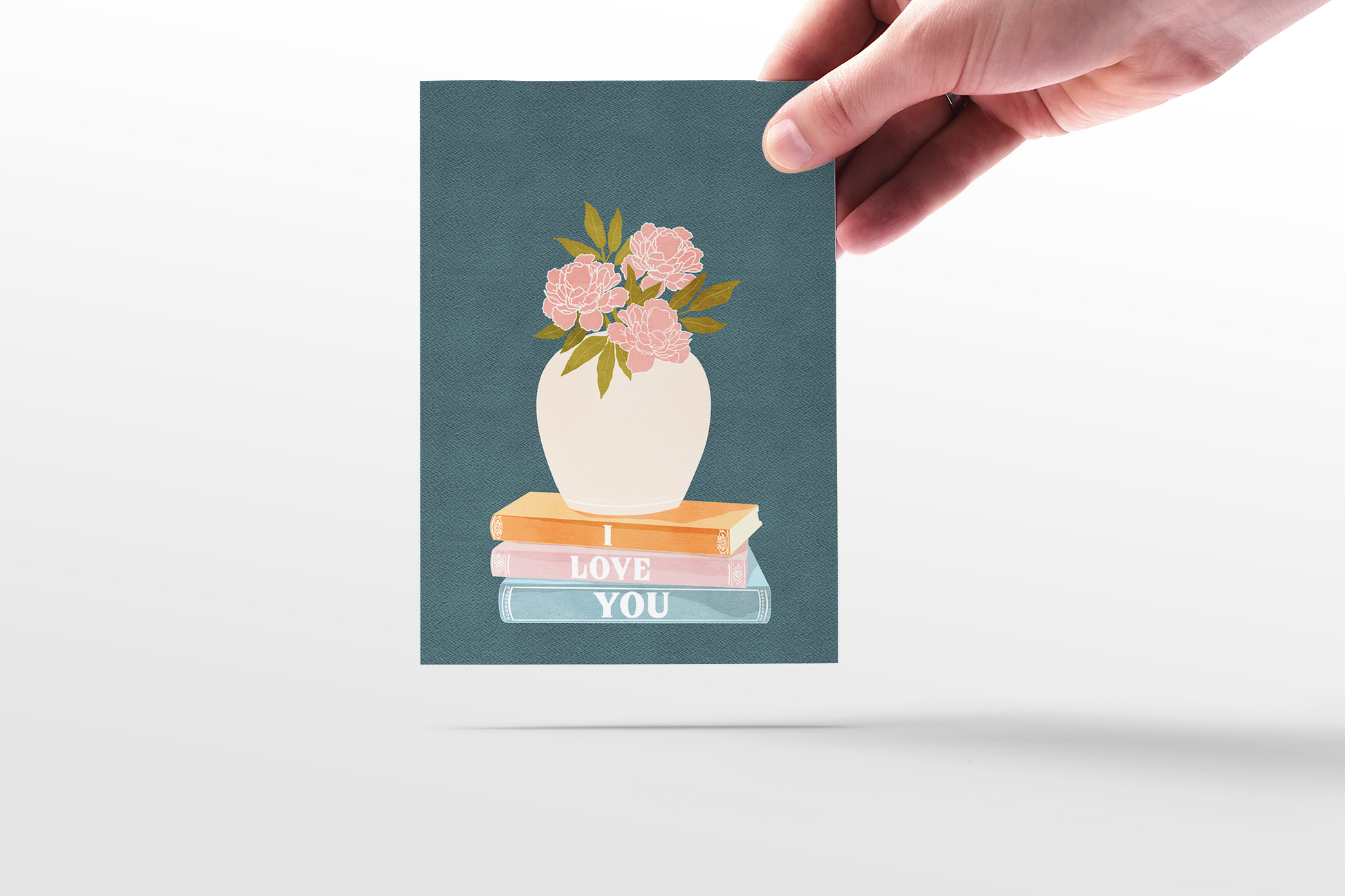 hand illustrated vase of flowers with books, reading lover, flower lover, peonies, i love you, love card, friendship, anniversary, valentine's day, galentine's day