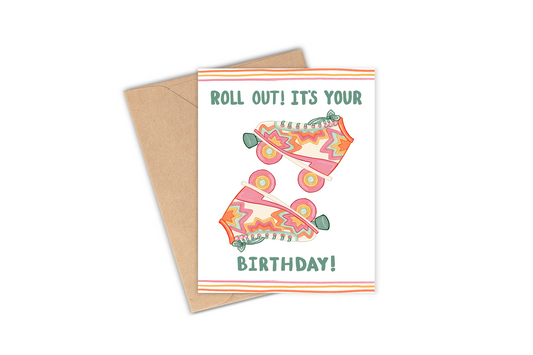 This greeting card is the perfect card for your friend, cousins, aunts or coworkers birthday. It's colorful and cheerful and will be loved by anyone! It's especially perfect for that special someone who loves to rollerblade/ roller-skate.   Details: Hand-illustrated drawing of a vintage/retro looking roller skates with the phrase "Roll out! It's your birthday" with a fun, colorful, spiky design. 