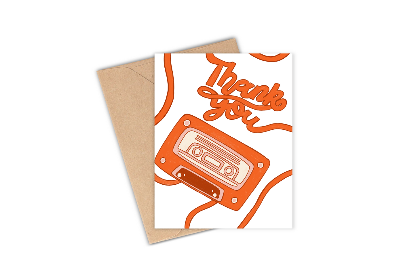 This greeting card is the perfect thank you card for any and every occasion - whether it's a birthday party, wedding, engagement party, or just because!  Details: Hand-illustrated drawing of a vintage/retro looking cassette tape with the phrase "Thank you" with swirls of red tape.
