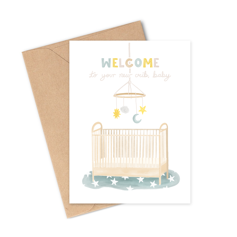 This card says "Welcome to your new crib!", and features a drawing of a cute wooden, neutral crib with a star-studded rug and a moon and sun themed baby mobile. The new mama in your life will absolutely love this card and the hand-written note you write!