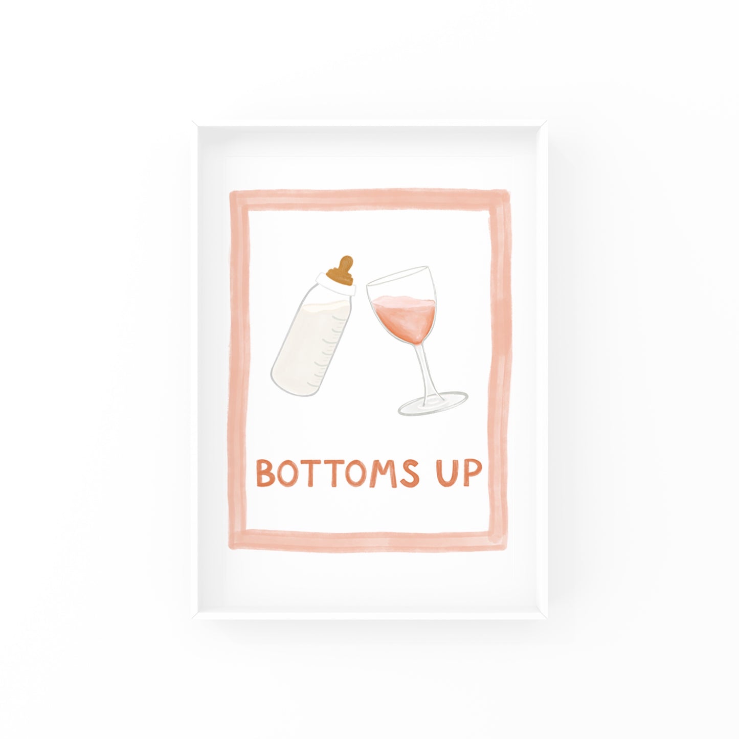 This art print says "Bottoms up" with a hand-illustrated glass of rose cheersing a bottle of milk. It's cute and funny, and perfect for any nursery or baby shower decor! Makes an especially great gift for any wine or rose lover out there!