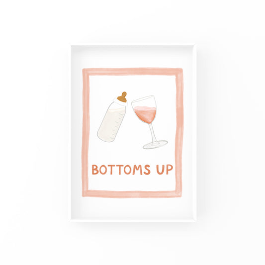 This art print says "Bottoms up" with a hand-illustrated glass of rose cheersing a bottle of milk. It's cute and funny, and perfect for any nursery or baby shower decor! Makes an especially great gift for any wine or rose lover out there!