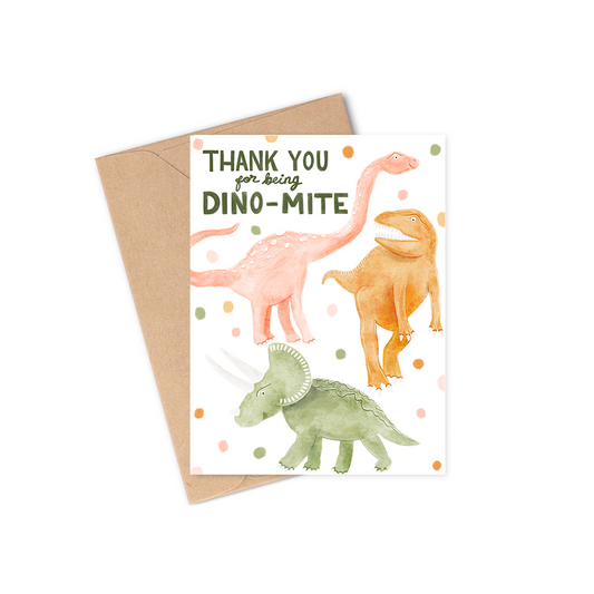 This hand-drawn greeting card featuring three dinosaurs is a dino-mite way to express your appreciation for someone special. Perfect for children's birthdays and Valentine's Day card exchanges at school, the Dino-Mite Dinosaur Card helps you thank Someone for being dino-mite.