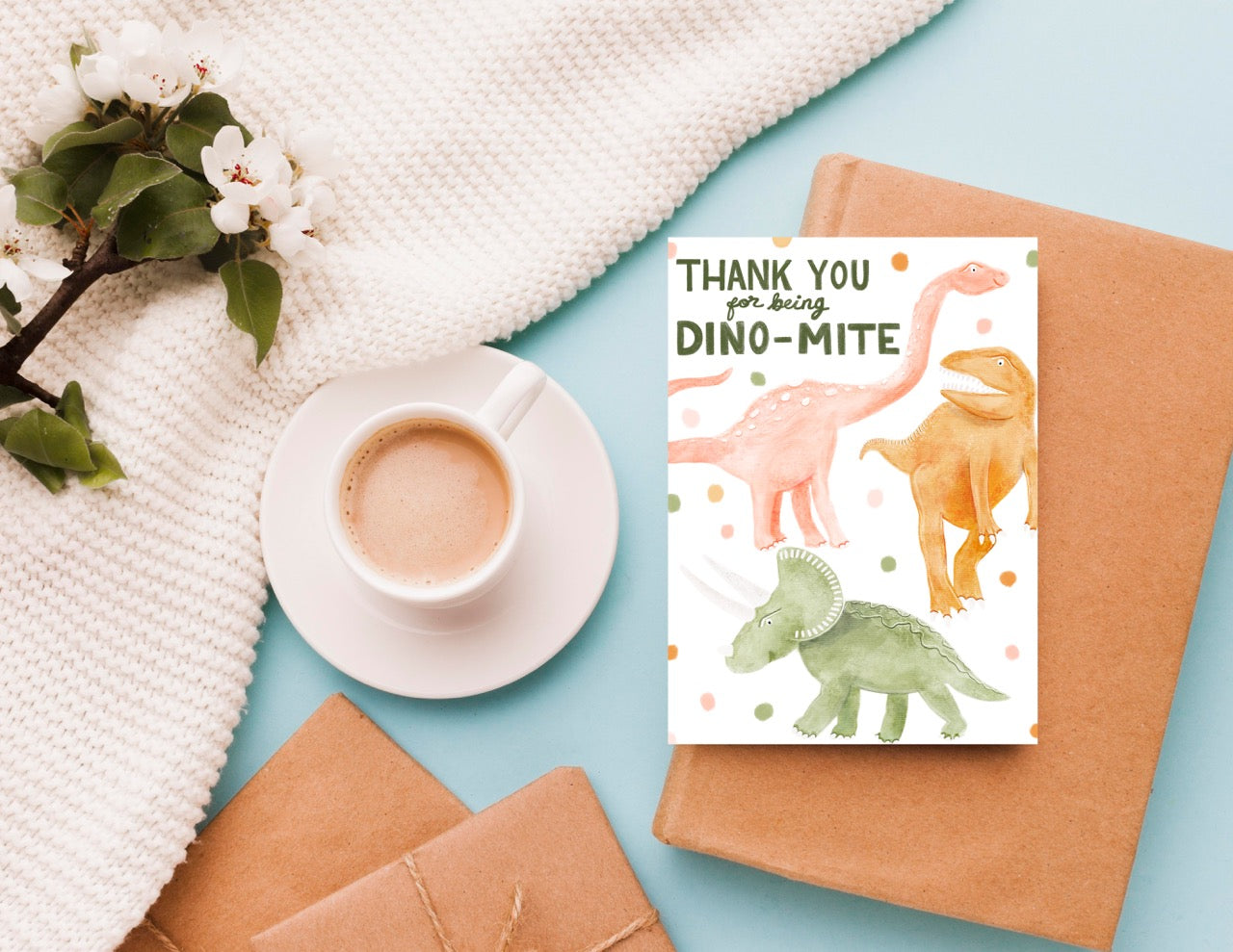 children's dinosaur card for any age, any occasion, T-rex, a brachiosaurus, and a triceratops.