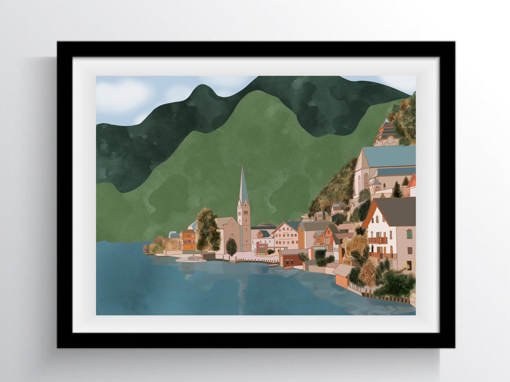 This wall art displays a city scene in Hallstatt, Austria with its beautiful mountains and buildings along the coast of the water. The photo was digitally drawn by hand with lots of love. When you hang this artwork on your walls I hope you are transported across the world over to Austria! You can just frame this in your at-home office and stare at it as you daydream while you work (that's what I do at least!). This makes for a wonderful Austria souvenir or a great gift for any travel lover. 