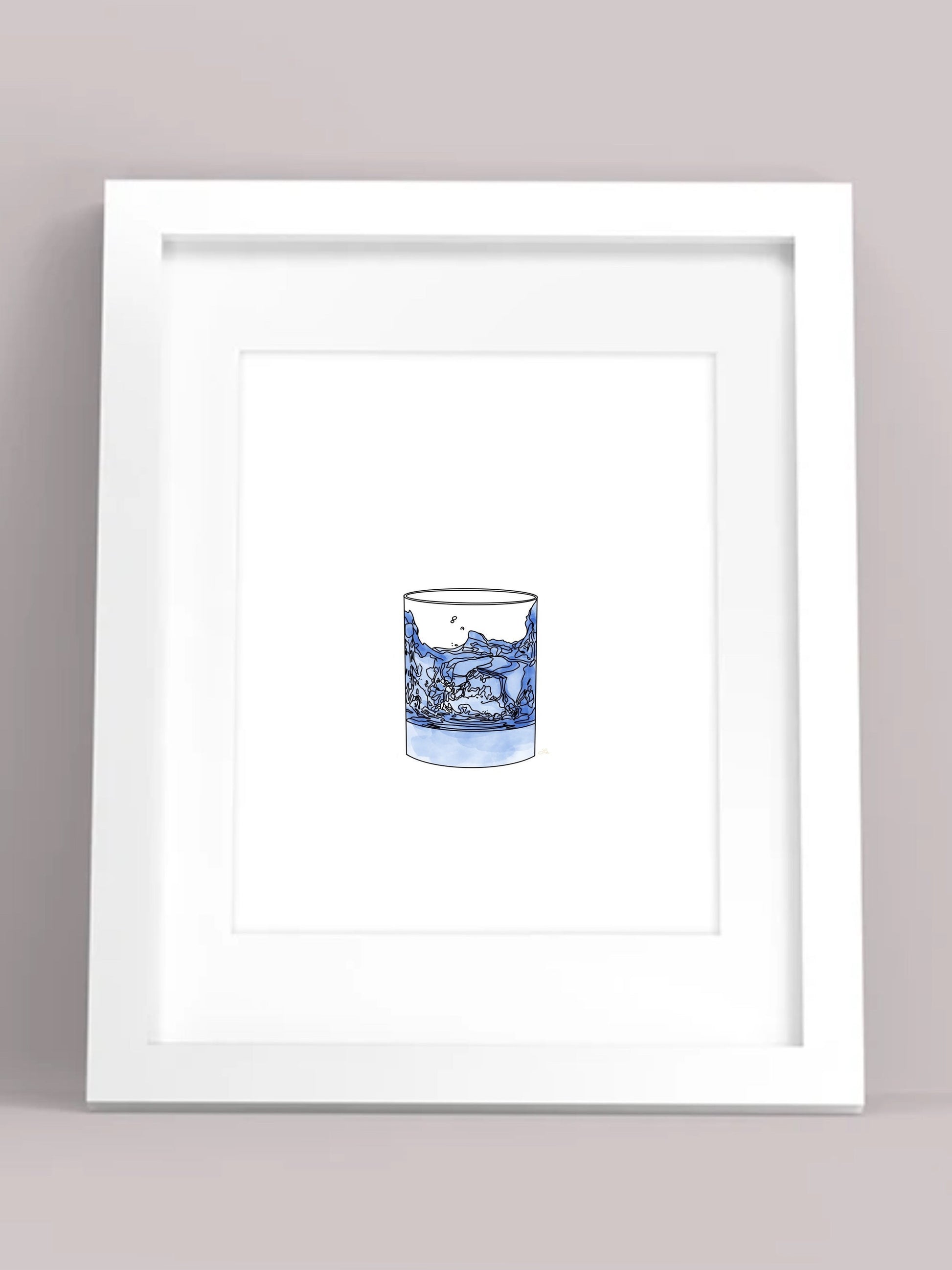 This drawing is completely hand-drawn - it has a detailed outline of the whiskey glass and the ice with a watercolor effect for the liquid in the glass.