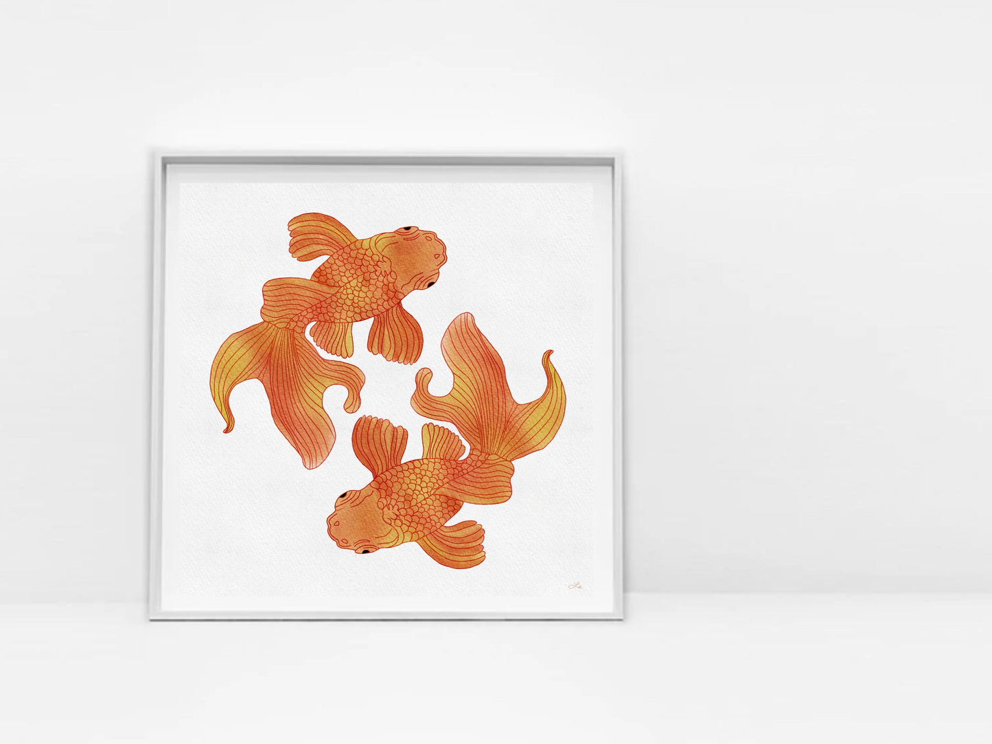 Beautiful art print of two orange goldfish. These goldfish have a detailed line drawing outline with shades of orange and yellow watercolor effects as they appear to be swimming around one another. Struggling to keep those goldfish alive for more than a few days? This wall art will last for as long as you want it! Would be fun to put this piece in the bathroom or in your child's room if you are going for a nautical, underwater, marine or animal theme!