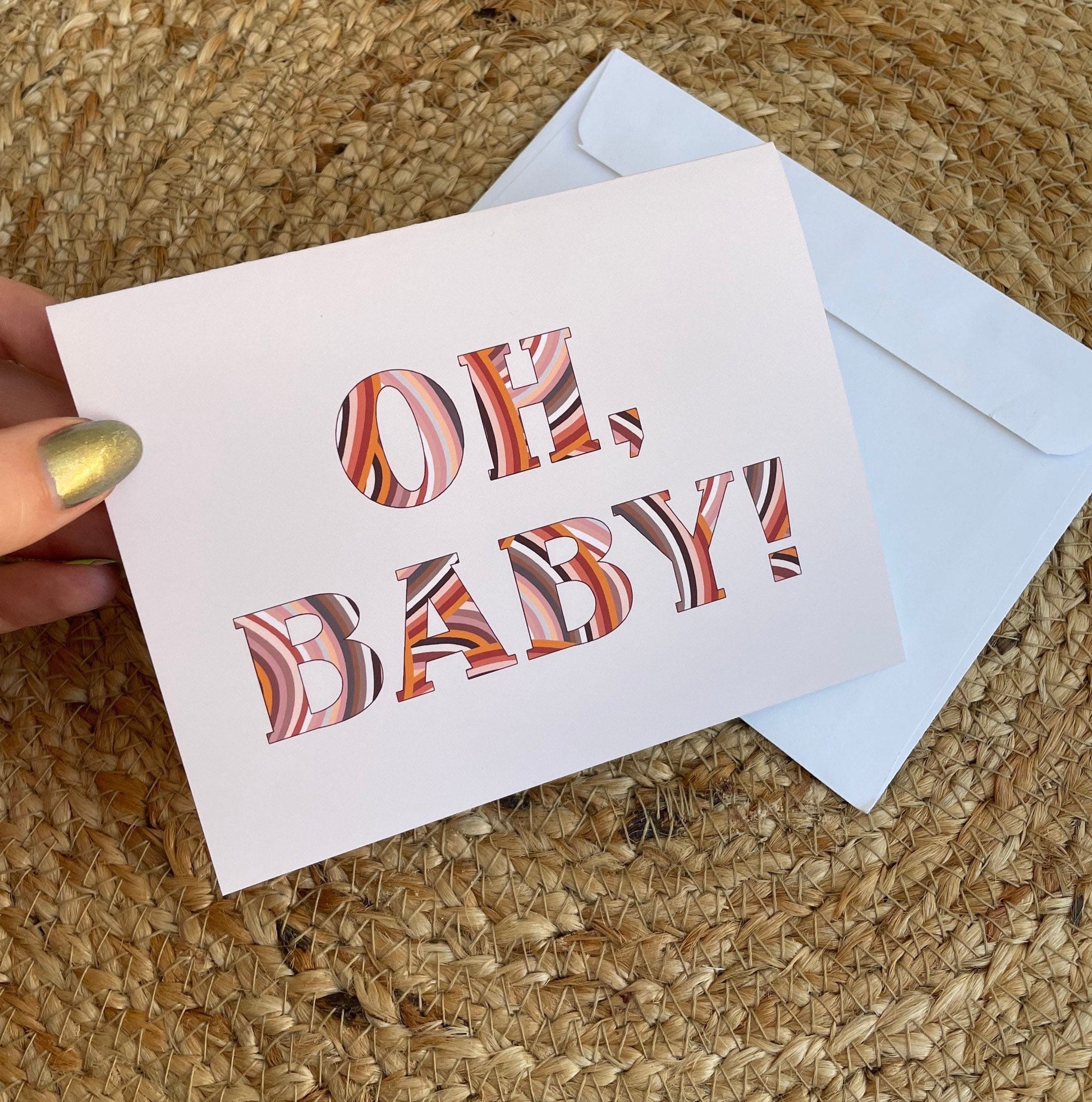Oh baby greeting card - neutral shades of terra cotta - for a baby shower for a new mother