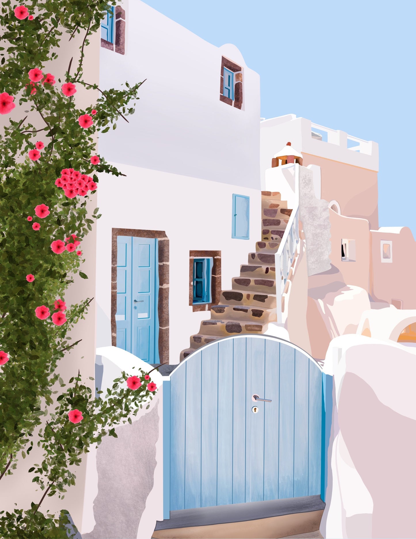 Greece cityscape to make you feel like your roaming around mykonos or santorini - Greece cityscape art print - You can almost feel the warm breeze and the sun on your face when you see the beautiful and calming shades of white, blue, and neutrals/ beige with vibrant green leaves/vines and bright pink/fascia flowers.