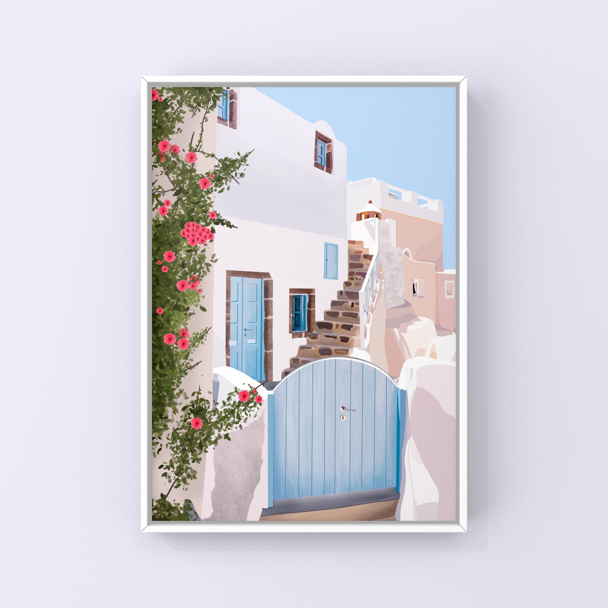 Greece cityscape art print - You can almost feel the warm breeze and the sun on your face when you see the beautiful and calming shades of white, blue, and neutrals/ beige with vibrant green leaves/vines and bright pink/fascia flowers.