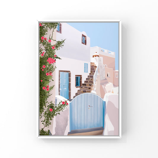 Greece cityscape art print - You can almost feel the warm breeze and the sun on your face when you see the beautiful and calming shades of white, blue, and neutrals/ beige with vibrant green leaves/vines and bright pink/fascia flowers.