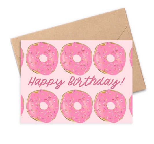 Happy Birthday greeting card with 6 pink, sprinkled donuts and text in the middle says Happy Birthday in pink