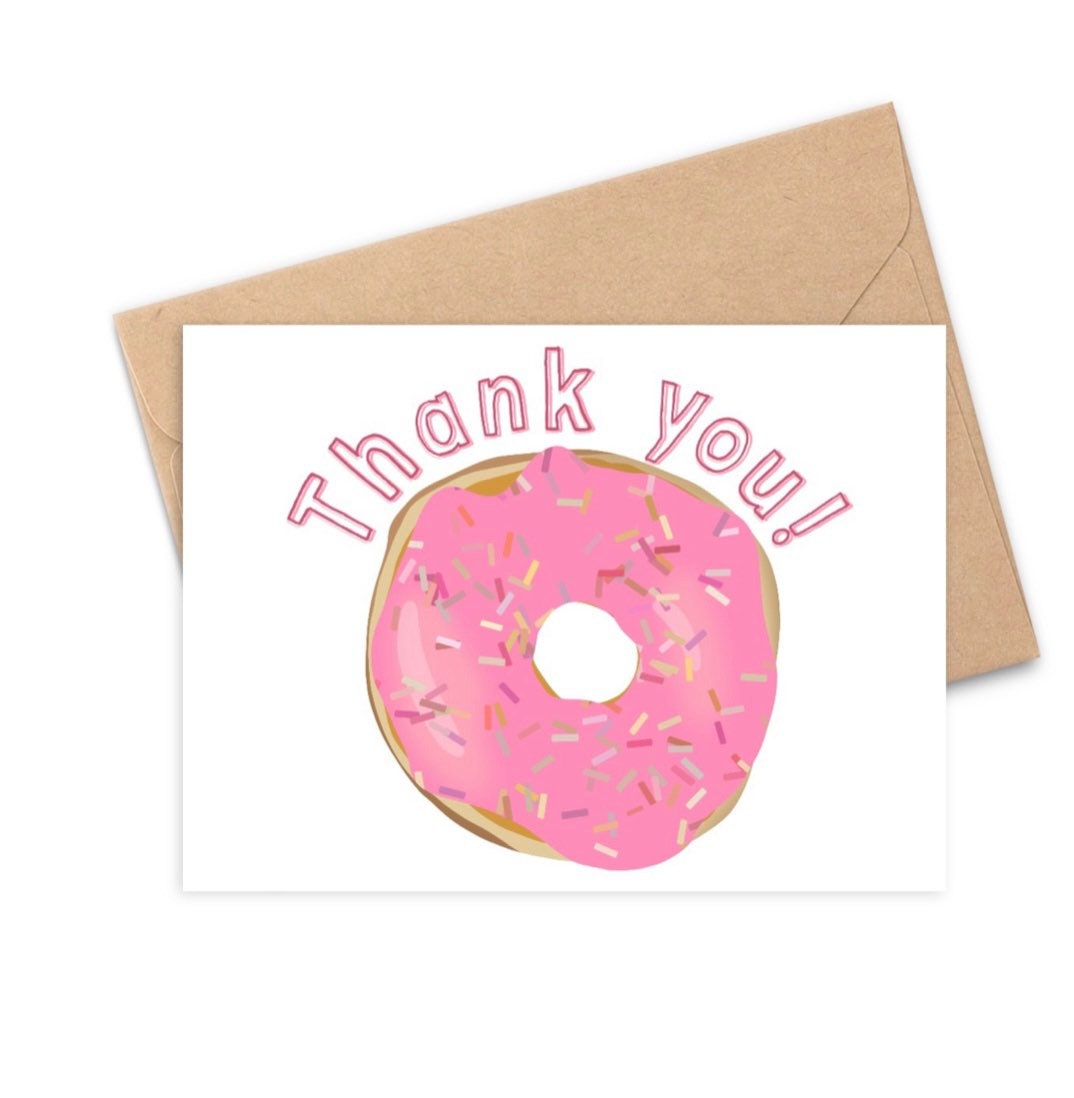 thank you donut greeting card with a pink, sprinkled donut and the text saying thank you! in pink