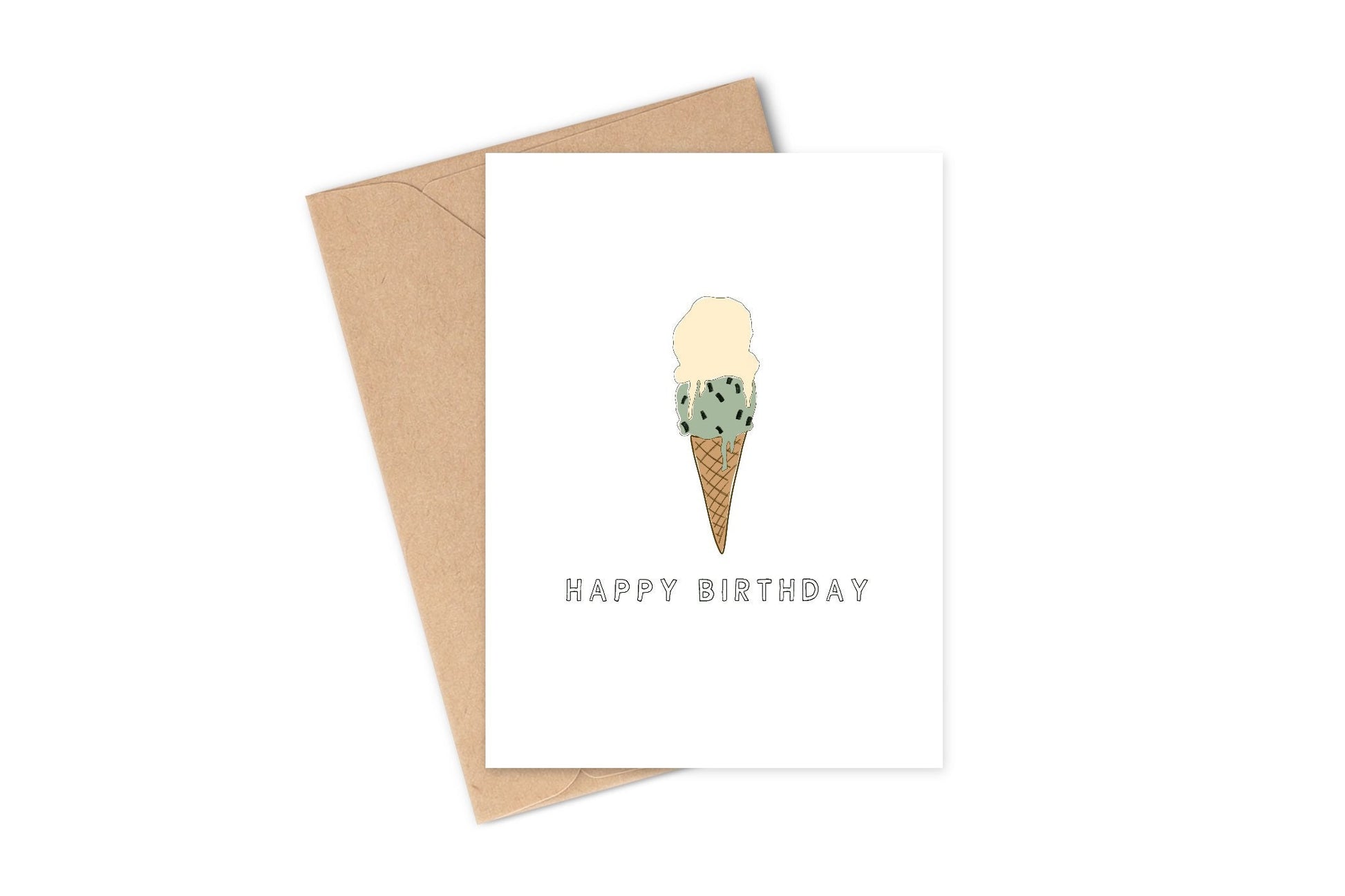 Nothing says Happy Birthday like a double scoop of ice cream! This cute ice cream "Happy Birthday" greeting card is the perfect way to send someone warm (or cold in this case) wishes on their special day! white background with a double scoop cone with mint and vanilla ice cream. It looks so delicious they're going to want to grab the cone right off of this card! Hurry and grab your today, before it melts!