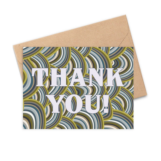 blue nad green striation, curvy abstract pattern card with white bold text saying thank you!