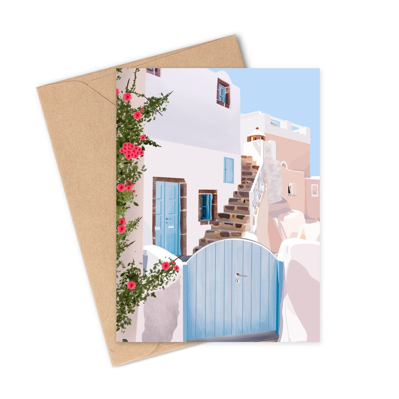 greece greeting card - a tranquil cityscape with calming shades of blue and neutral tones of beige, taupe, grey, and white with some vibrant green vines and leaves with fuchsia flowers. 