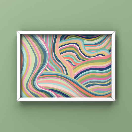 Out with boring old plain artwork and in with the bright, funky, groovy wall art! This colorful, abstract pattern will brighten up any space. And we mean ANY space because how could this beauty not!? If you're a fan of fun, this is the art print for you. Get yours today and spruce up those bare walls! This abstract striation artwork was completely hand-drawn, with lots of love!