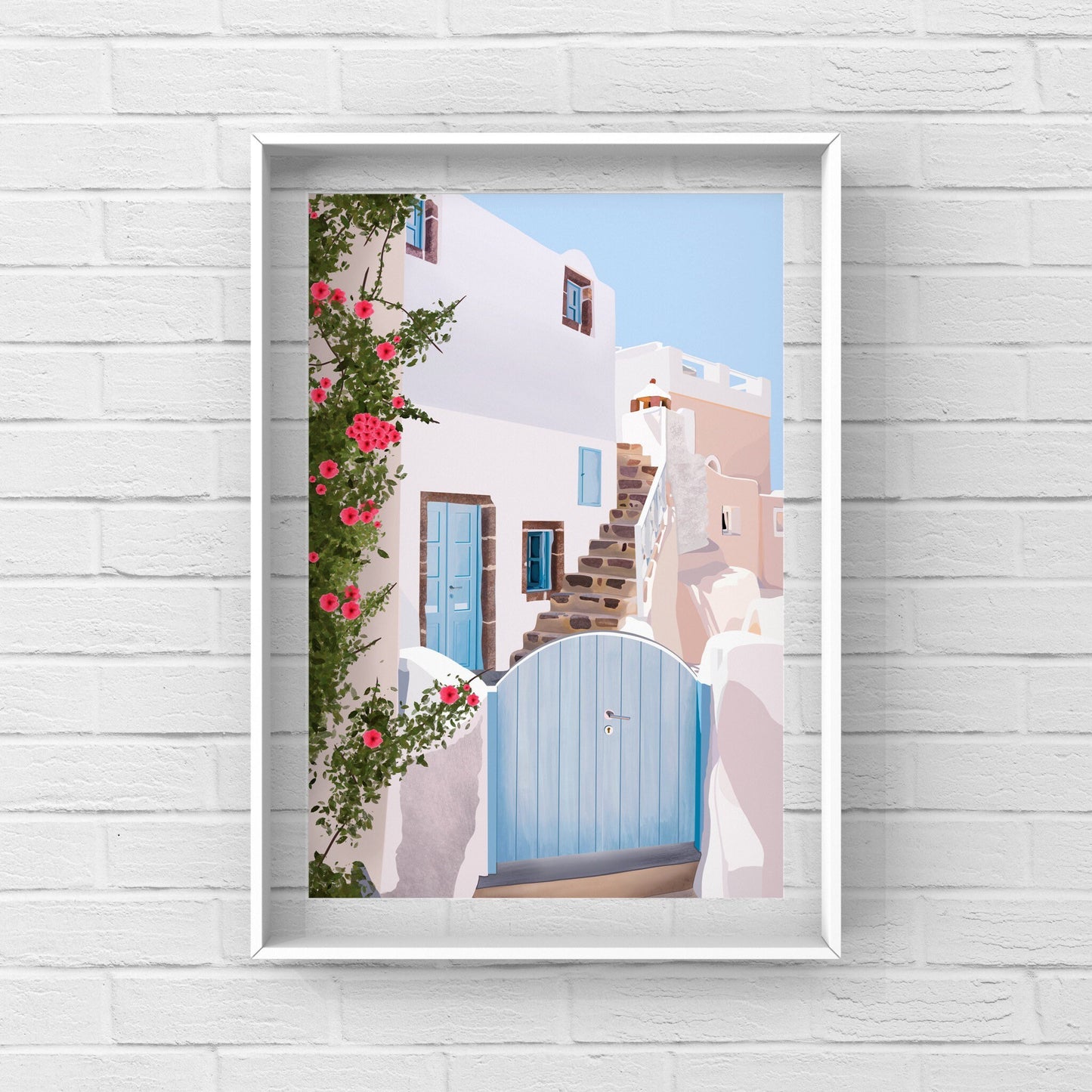 Greece cityscape art print - You can almost feel the warm breeze and the sun on your face when you see the beautiful and calming shades of white, blue, and neutrals/ beige with vibrant green leaves/vines and bright pink/fascia flowers.