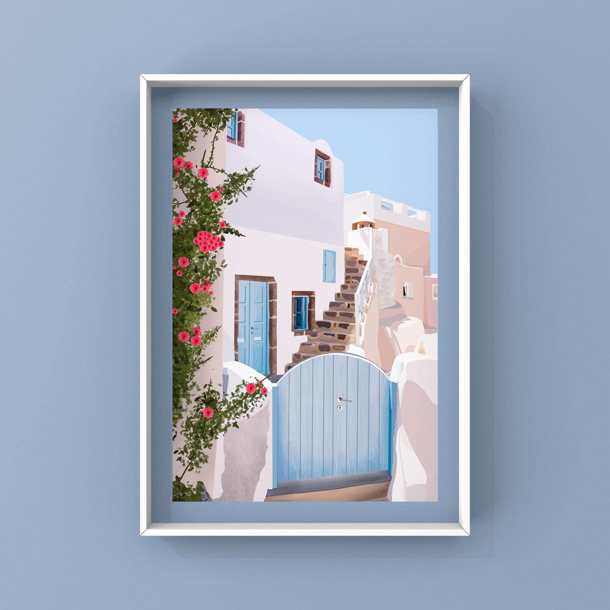Greece cityscape art print - You can almost feel the warm breeze and the sun on your face when you see the beautiful and calming shades of white, blue, and neutrals/ beige with vibrant green leaves/vines and bright pink/fascia flowers. It will make you feel like you're in santorini or mykonos in greece!