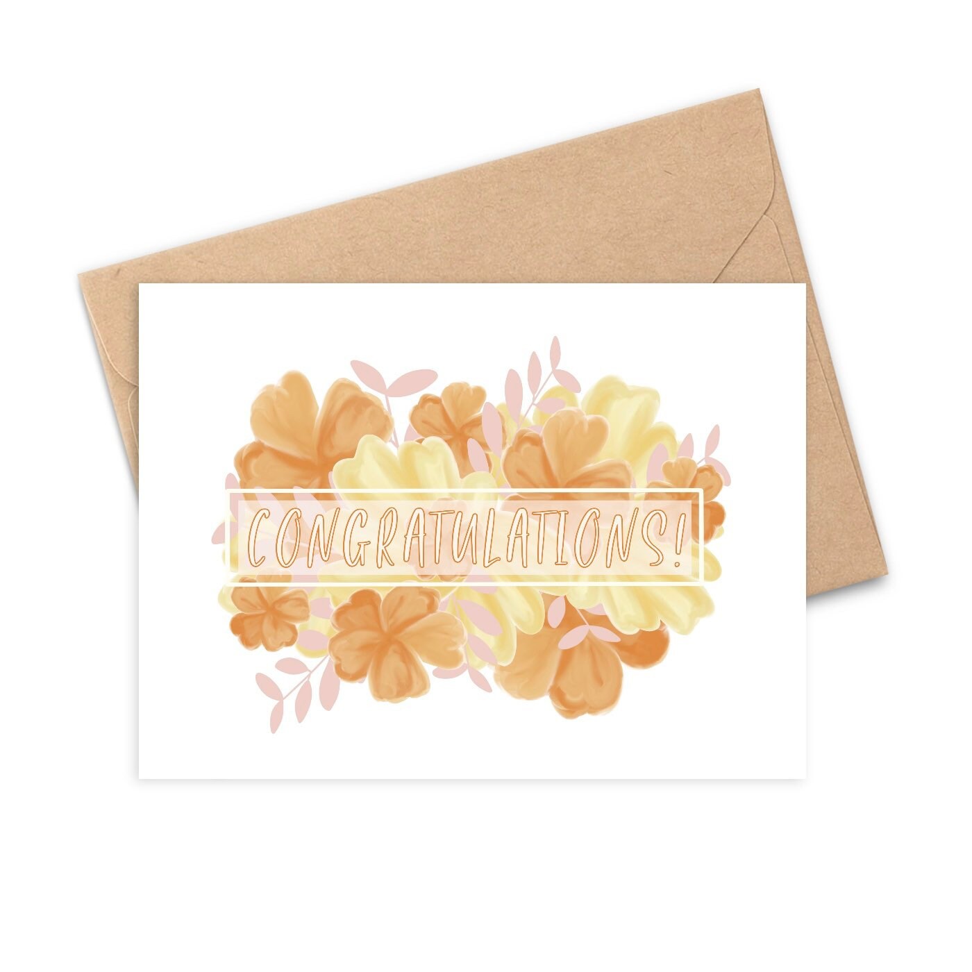 This cute "Congratulations" greeting card contains a collage of digitally hand-drawn flowers and leaves in tranquil shades of orange, pink and yellow - it's the perfect way to wish someone congratulations for any occasion!