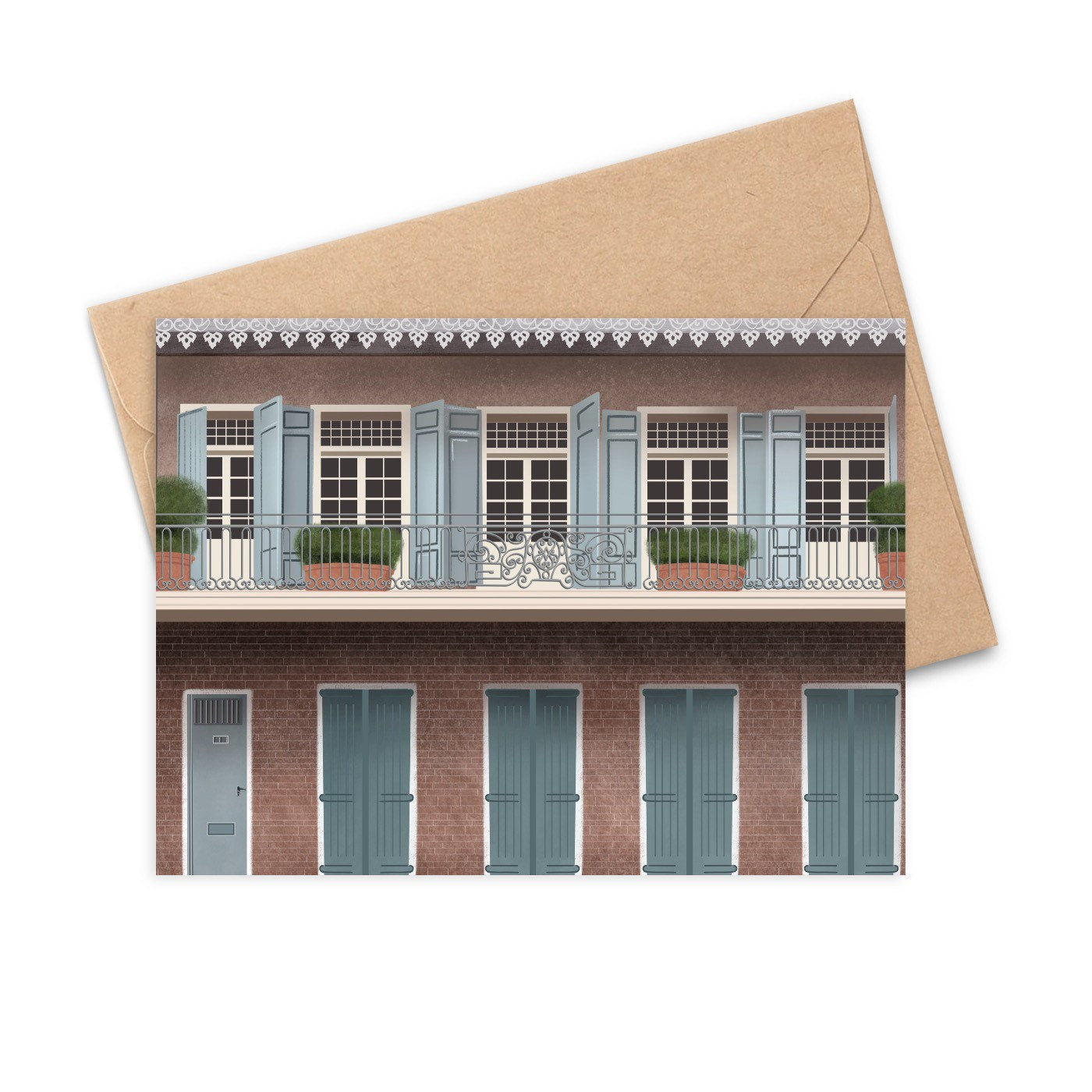 This card features a hand-illustrated drawing of a beautiful house in New Orleans.