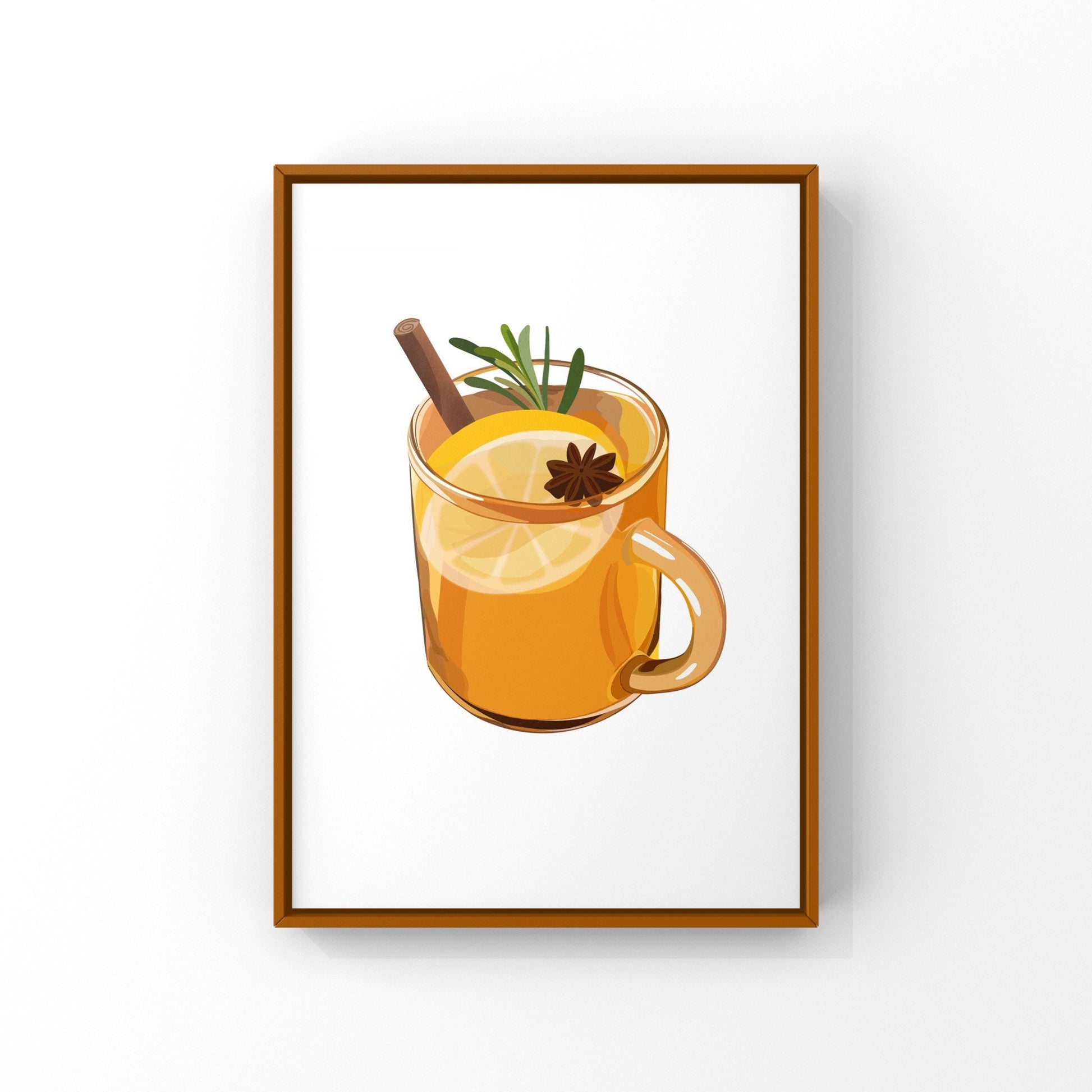 Hand-drawn illustration of a hot toddy - enjoy looking at this one-of-a-kind wall art while you sip on a warm and toasty hot toddy of your own! This art print would look great hanging above your bar or your bar cart, or as part of a gallery wall! Also makes a great gift for any alcohol or hot toddy lover in your life!