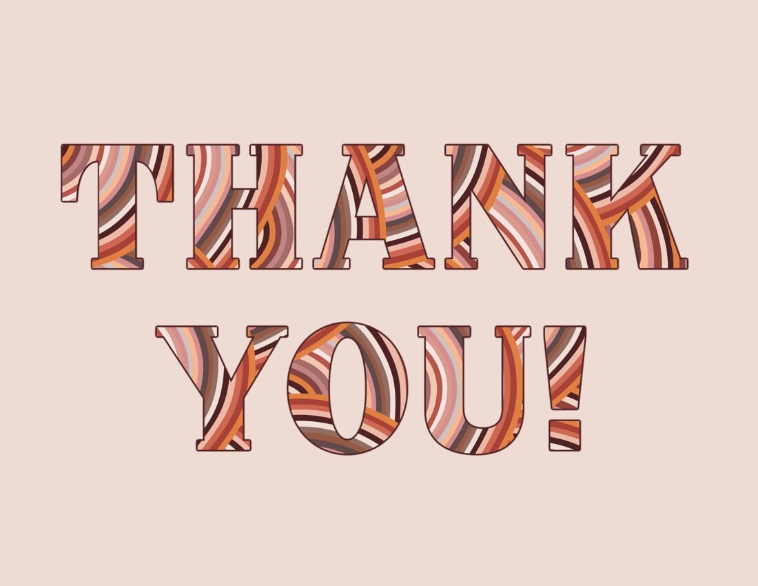 This greeting card is bold and hand-illustrated with beautiful terra cotta colored patterns inside the words "Thank you!". 