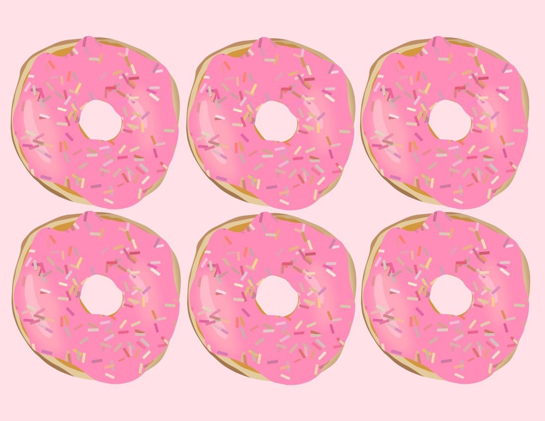 close-up of the image on the donut greeting card featuring 6 pink, sprinkled donuts and a light pink background