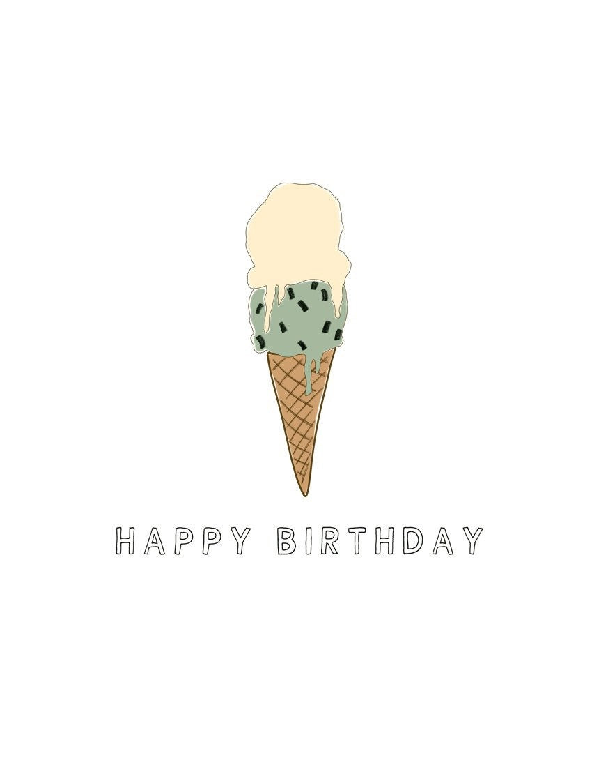 Nothing says Happy Birthday like a double scoop of ice cream! This cute ice cream "Happy Birthday" greeting card is the perfect way to send someone warm (or cold in this case) wishes on their special day! white background with a double scoop cone with mint and vanilla ice cream. It looks so delicious they're going to want to grab the cone right off of this card! Hurry and grab your today, before it melts!