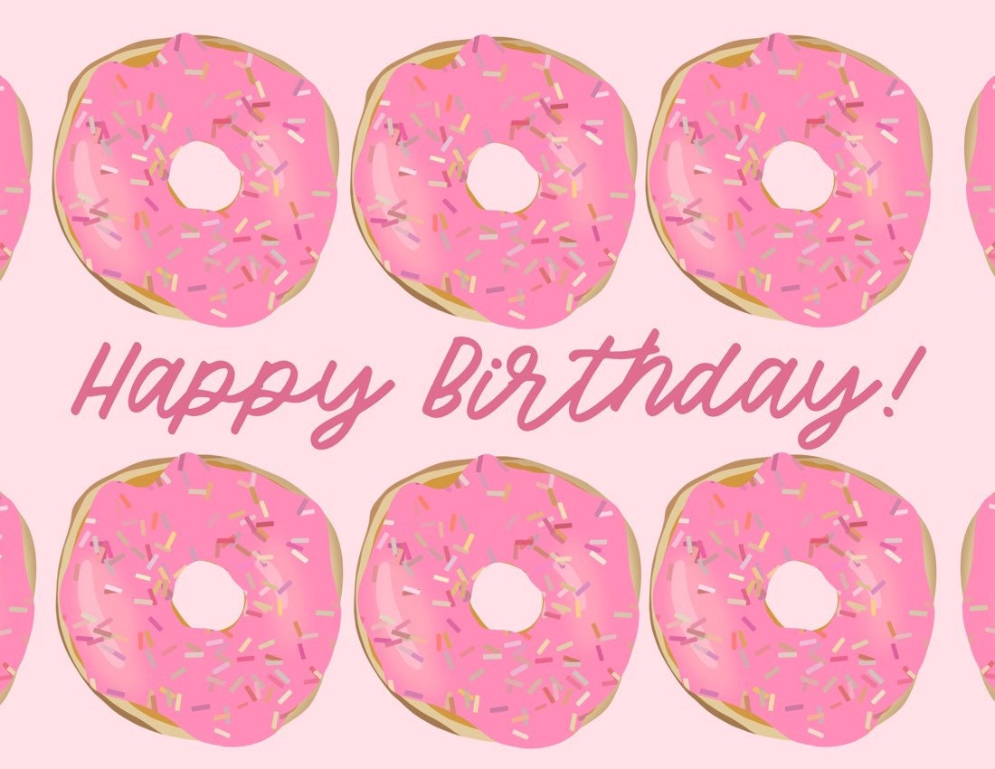 close up of the image on the card - Happy Birthday greeting card with 6 pink, sprinkled donuts and text in the middle says Happy Birthday in pink