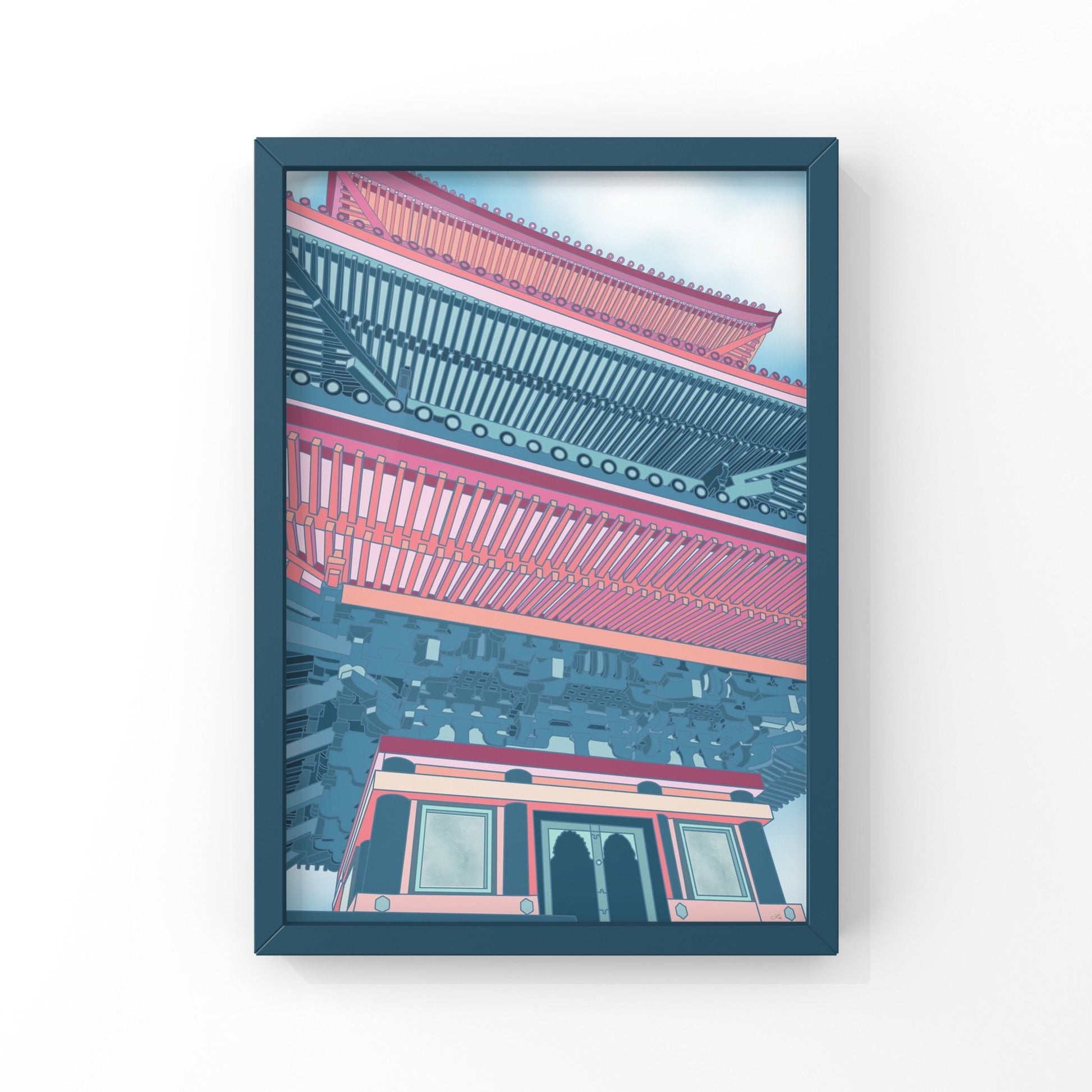 Japanese temple - This Pagoda is drawn in cheerful shades of pink and blue, would be the perfect art piece to spruce up those bare walls!