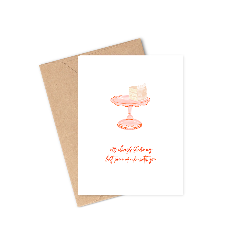 The Last Piece of Cake Card is a greeting card designed to be given for any occasion. Featuring a delightful hand-drawn illustration the last piece of cake, and it says "I'll always share my last piece of cake with you". Perfect for Valentine's Day, anniversaries, or any day that requires a little extra love.