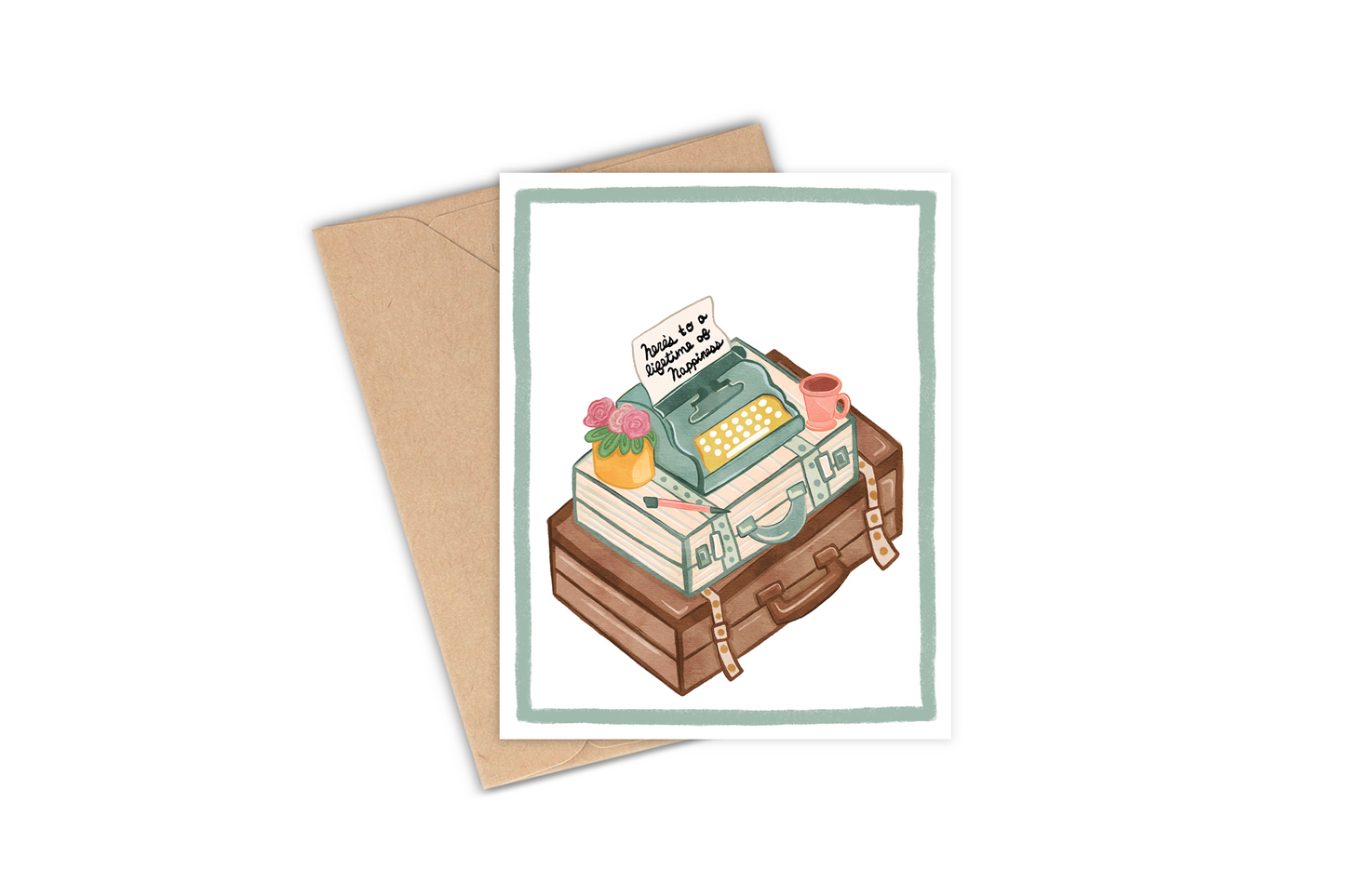 This card is perfect for any wedding, bridal shower, engagement, or anniversary!  Details: Hand-illustrated drawing of a stack of 2 vintage suitcases and a retro typewriter, a vase of flowers, a pencil, and a mug of coffee. The paper coming out of the typewriter says: "Here's to a lifetime of happiness".