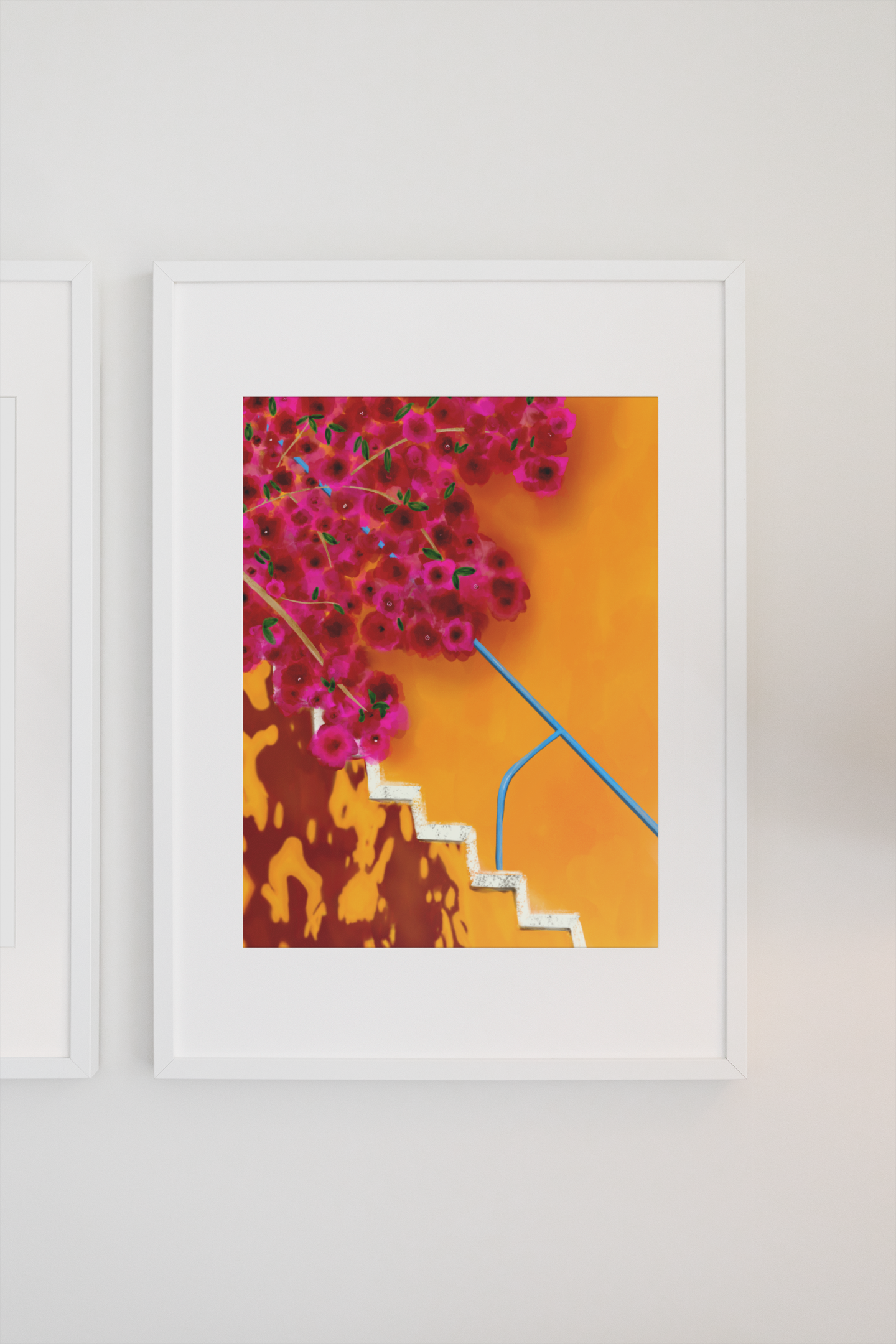 orange and fuchsia pink wall art print, city scene poster