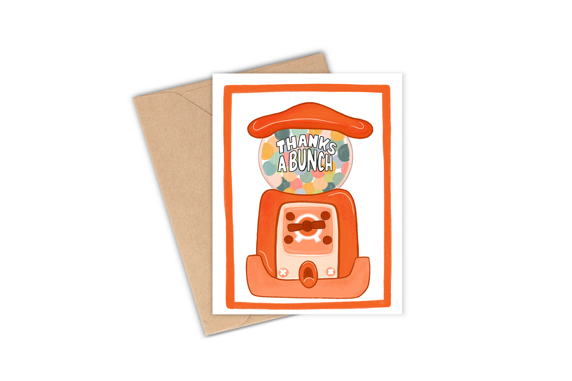 This greeting card is perfect to say thank you - perfect card to give after a birthday party or another type of event.  Details: Hand-illustrated drawing of a vintage/retro looking gumball machine with the phrase "Thanks a bunch".