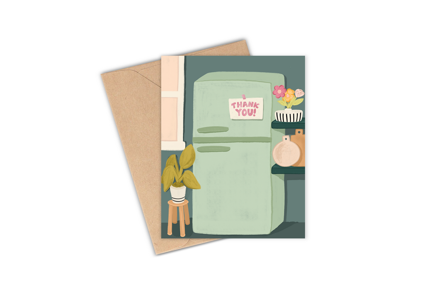 This greeting card is the perfect thank you card for any occasion - great to give after a birthday party or any other event.  Details: Hand-illustrated drawing of a vintage/retro looking refrigerator with the phrase "Thank you" with a cute and quaint kitchen scene featuring plants, cutting boards, and more.