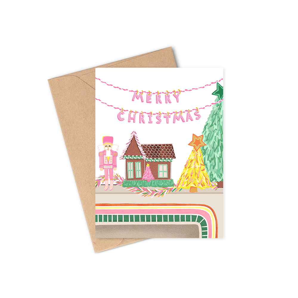 christmas mantel greeting card, xmas gift. gingerbread house, mini xmas tree, nutcracker